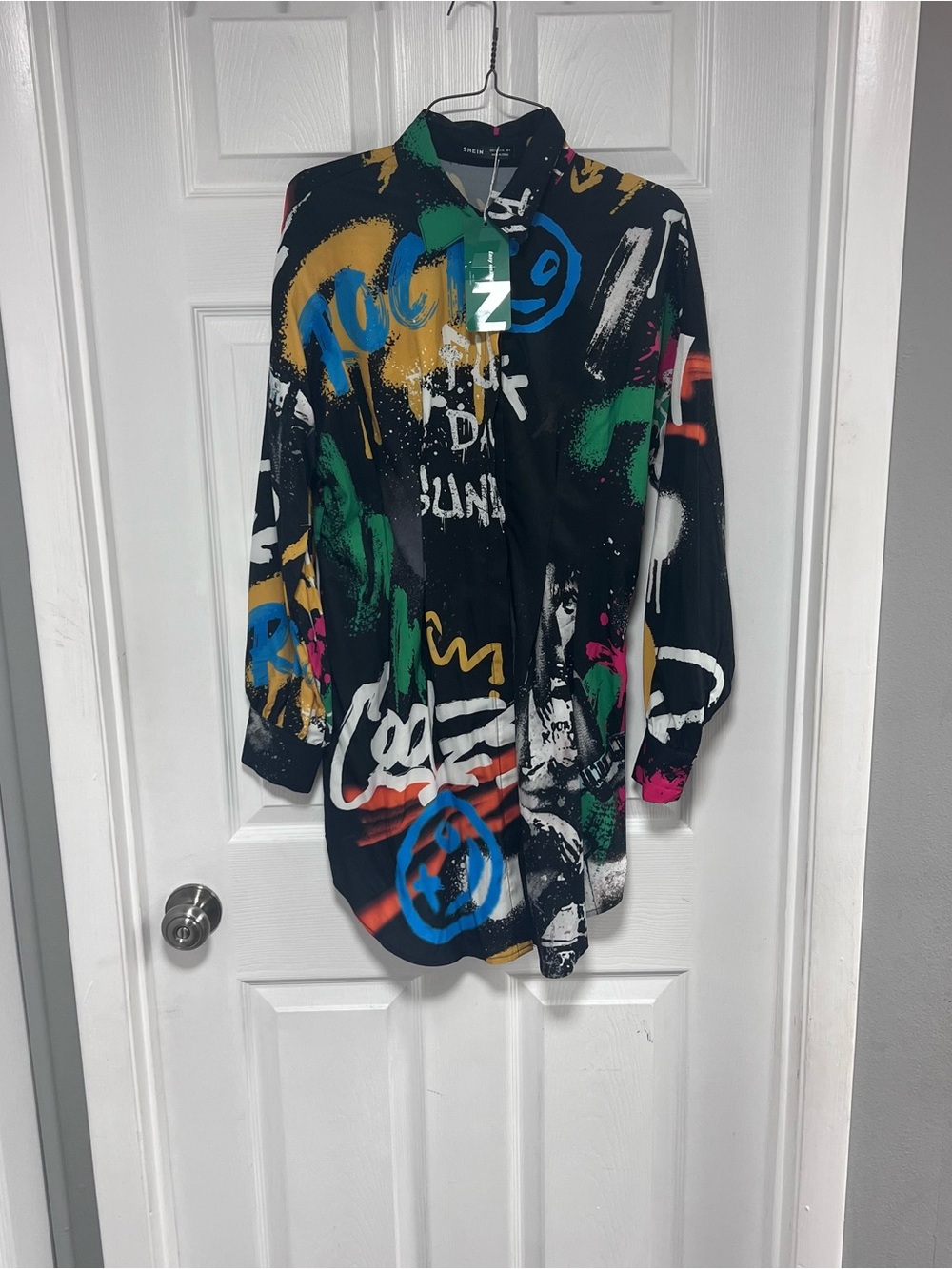 NWT SHEIN Women’s Black Button-Down Shirt with Multicolor Graffiti Print Size S
